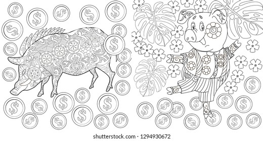 Coloring Pages. Coloring Book for children and adults. Cute Pig - 2019 Chinese New Year symbol. Antistress freehand sketch drawing with doodle and zentangle elements.