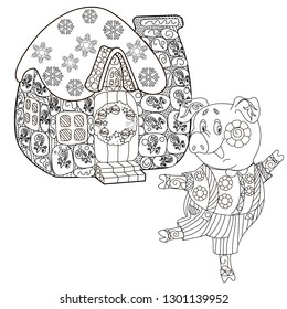 Coloring Pages. Coloring Book for children and adults. Cute Pig - 2019 Chinese New Year symbol. Antistress freehand sketch drawing with doodle and zentangle elements.