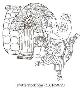 Coloring Pages. Coloring Book for children and adults. Cute Pig - 2019 Chinese New Year symbol. Antistress freehand sketch drawing with doodle and zentangle elements.