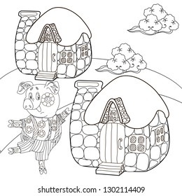 Coloring Pages. Coloring Book for children and adults. Cute Pig - 2019 Chinese New Year symbol. Antistress freehand sketch drawing with doodle and zentangle elements.