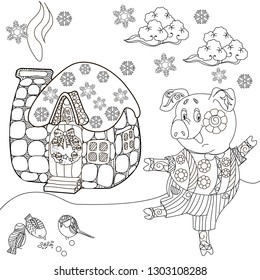 Coloring Pages. Coloring Book for children and adults. Cute Pig - 2019 Chinese New Year symbol. Antistress freehand sketch drawing with doodle and zentangle elements.