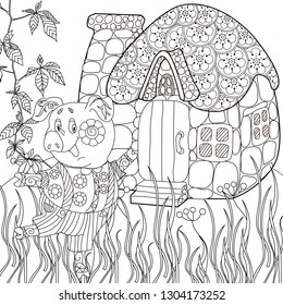 Coloring Pages. Coloring Book for children and adults. Cute Pig - 2019 Chinese New Year symbol. Antistress freehand sketch drawing with doodle and zentangle elements.