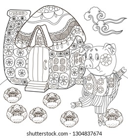 Coloring Pages. Coloring Book for children and adults. Cute Pig - 2019 Chinese New Year symbol. Antistress freehand sketch drawing with doodle and zentangle elements.