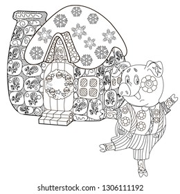 Coloring Pages. Coloring Book for children and adults. Cute Pig - 2019 Chinese New Year symbol. Antistress freehand sketch drawing with doodle and zentangle elements.