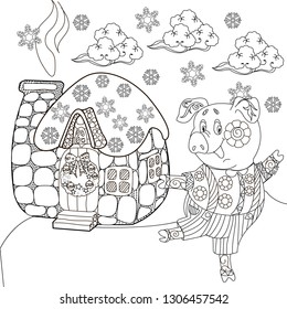 Coloring Pages. Coloring Book for children and adults. Cute Pig - 2019 Chinese New Year symbol. Antistress freehand sketch drawing with doodle and zentangle elements.