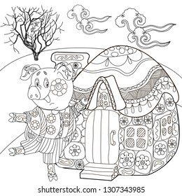 Coloring Pages. Coloring Book for children and adults. Cute Pig - 2019 Chinese New Year symbol. Antistress freehand sketch drawing with doodle and zentangle elements.