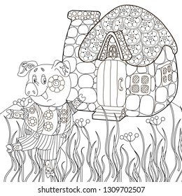 Coloring Pages. Coloring Book for children and adults. Cute Pig - 2019 Chinese New Year symbol. Antistress freehand sketch drawing with doodle and zentangle elements.