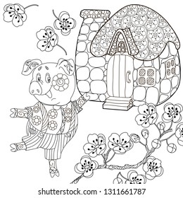 Coloring Pages. Coloring Book for children and adults. Cute Pig - 2019 Chinese New Year symbol. Antistress freehand sketch drawing with doodle and zentangle elements.