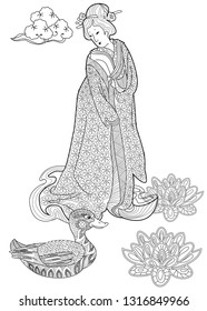 Coloring Pages. Coloring Book for children and adults. Colouring pictures with Kimono Girl. Antistress freehand sketch drawing with doodle and zentangle elements.