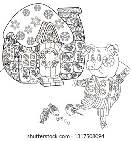 Coloring Pages. Coloring Book for children and adults. Cute Pig - 2019 Chinese New Year symbol. Antistress freehand sketch drawing with doodle and zentangle elements.