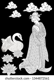 Coloring Pages. Coloring Book for children and adults. Colouring pictures with Kimono Girl. Antistress freehand sketch drawing with doodle and zentangle elements.