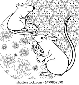 Coloring Pages. Coloring Book for children and adults. Happy new year 2020. Year of the rat.