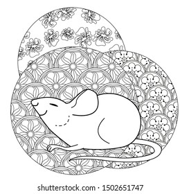 Coloring Pages. Coloring Book for children and adults. Happy new year 2020. Year of the rat.