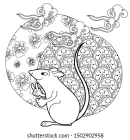 Coloring Pages. Coloring Book for children and adults. Happy new year 2020. Year of the rat.