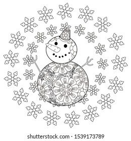 Coloring Pages. Coloring Book for children and adults. Colouring pictures with Snowflake Wreath. 
Antistress freehand sketch drawing with doodle and zentangle elements. 