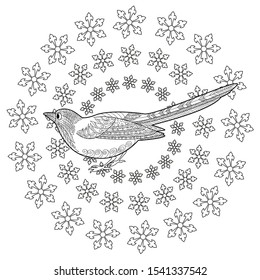 Coloring Pages. Coloring Book for children and adults. Colouring pictures with Snowflake Wreath and bird. Antistress freehand sketch drawing with doodle and zentangle elements. 