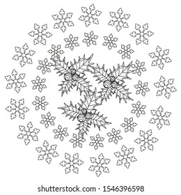 Coloring Pages. Coloring Book for children and adults. Colouring pictures with Snowflake Wreath and Tree Ornament. Antistress freehand sketch drawing with doodle and zentangle elements.