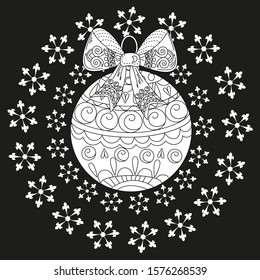 Coloring Pages. Coloring Book for children and adults. Colouring pictures with Snowflake Wreath and bird. Antistress freehand sketch drawing with doodle and zentangle elements.