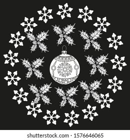 Coloring Pages. Coloring Book for children and adults. Colouring pictures with Snowflake Wreath and bird. Antistress freehand sketch drawing with doodle and zentangle elements.