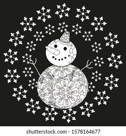 Coloring Pages. Coloring Book for children and adults. Colouring pictures with Snowflake Wreath and bird. Antistress freehand sketch drawing with doodle and zentangle elements.