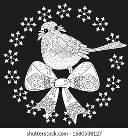 Coloring Pages. Coloring Book for children and adults. Colouring pictures with Snowflake Wreath and bird. Antistress freehand sketch drawing with doodle and zentangle elements.