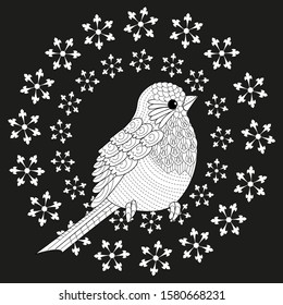 Coloring Pages. Coloring Book for children and adults. Colouring pictures with Snowflake Wreath and bird. Antistress freehand sketch drawing with doodle and zentangle elements.