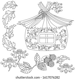 Coloring Pages. Coloring Book for children and adults. Colouring pictures with small house. Antistress freehand sketch drawing with doodle and zentangle elements.