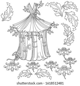 Coloring Pages. Coloring Book for children and adults. Colouring pictures with small house. Antistress freehand sketch drawing with doodle and zentangle elements.