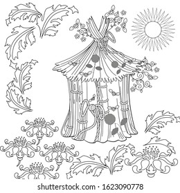 Coloring Pages. Coloring Book for children and adults. Colouring pictures with small house. Antistress freehand sketch drawing with doodle and zentangle elements.