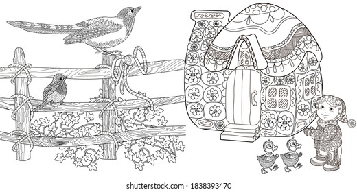 Coloring Pages. Coloring Book for children and adults. Colouring pictures with small house and birds. Antistress freehand sketch drawing with doodle and zentangle elements.