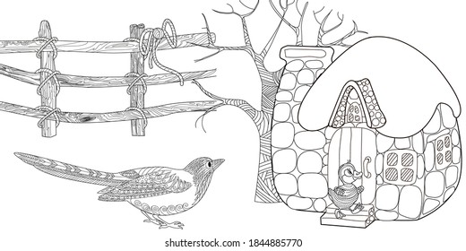 Coloring Pages. Coloring Book for children and adults. Colouring pictures with small house and birds. Antistress freehand sketch drawing with doodle and zentangle elements.