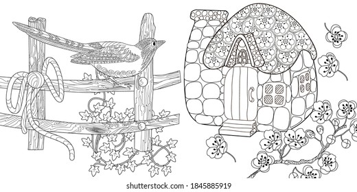 Coloring Pages. Coloring Book for children and adults. Colouring pictures with small house and birds. Antistress freehand sketch drawing with doodle and zentangle elements.
