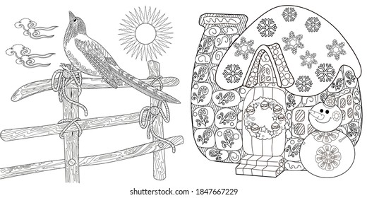 Coloring Pages. Coloring Book for children and adults. Colouring pictures with house and birds. Antistress freehand sketch drawing with doodle and zentangle elements.