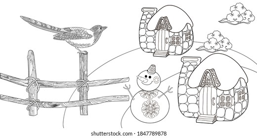 Coloring Pages. Coloring Book for children and adults. Colouring pictures with house and birds. Antistress freehand sketch drawing with doodle and zentangle elements.