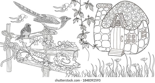 Coloring Pages. Coloring Book for children and adults. Colouring pictures with house and birds. Antistress freehand sketch drawing with doodle and zentangle elements.