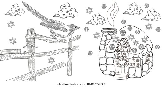 Coloring Pages. Coloring Book for children and adults. Colouring pictures with house and birds. Antistress freehand sketch drawing with doodle and zentangle elements.
