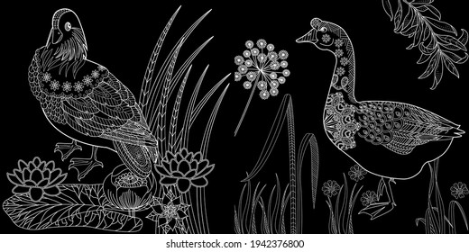 Coloring Pages. Coloring Book for children and adults. Colouring pictures with birds. Antistress freehand sketch drawing with doodle and zentangle elements.