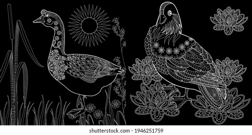 Coloring Pages. Coloring Book for children and adults. Colouring pictures with birds. Antistress freehand sketch drawing with doodle and zentangle elements.