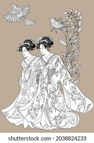 Coloring Pages. Coloring Book for children and adults. Colouring pictures with Kimono Girl. Antistress freehand sketch drawing with doodle and zentangle elements.