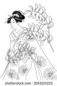 Coloring Pages. Coloring Book for children and adults. Colouring pictures with Kimono Girl. Antistress freehand sketch drawing with doodle and zentangle elements.