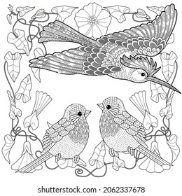 Coloring Pages. Coloring Book for children and adults. Colouring pictures with birds. Antistress freehand sketch drawing with doodle and zentangle elements.