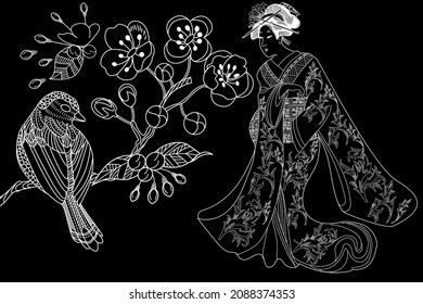 Coloring Pages. Coloring Book for children and adults. Colouring pictures with Kimono Girl. Antistress freehand sketch drawing with doodle and zentangle elements.