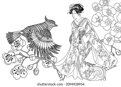 Coloring Pages. Coloring Book for children and adults. Colouring pictures with Kimono Girl. Antistress freehand sketch drawing with doodle and zentangle elements.
