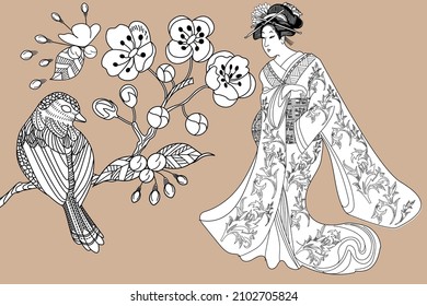 Coloring Pages. Coloring Book for children and adults. Colouring pictures with Kimono Girl. Antistress freehand sketch drawing with doodle and zentangle elements.