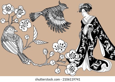 Coloring Pages. Coloring Book for children and adults. Colouring pictures with Kimono Girl. Antistress freehand sketch drawing with doodle and zentangle elements.