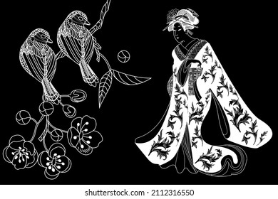 Coloring Pages. Coloring Book for children and adults. Colouring pictures with Kimono Girl. Antistress freehand sketch drawing with doodle and zentangle elements.