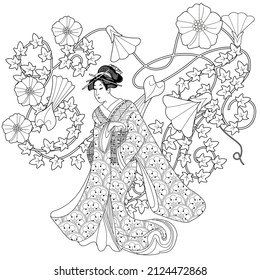 Coloring Pages. Coloring Book for children and adults. Kimono Girl with flowers. Antistress freehand sketch drawing with doodle and zentangle elements.
