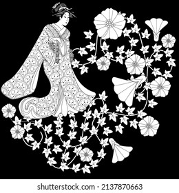 Coloring Pages. Coloring Book for children and adults. Kimono Girl with flowers. Antistress freehand sketch drawing with doodle and zentangle elements.
