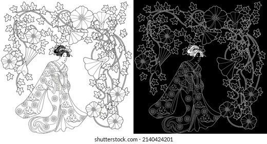 Coloring Pages. Coloring Book for children and adults. Kimono Girl with flowers. Antistress freehand sketch drawing with doodle and zentangle elements.