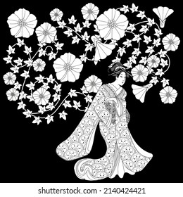 Coloring Pages. Coloring Book for children and adults. Kimono Girl with flowers. Antistress freehand sketch drawing with doodle and zentangle elements.